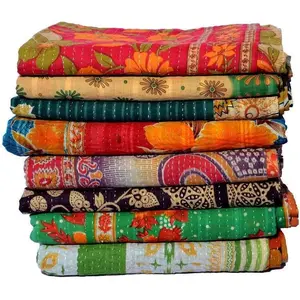 Wholesale Lot of Indian Vintage Kantha Quilt Handmade Throw Reversible Blanket Bedspread Cotton Fabric Bohemian Quilt Assorted Colors 85X55 Inches (216X140 CM)