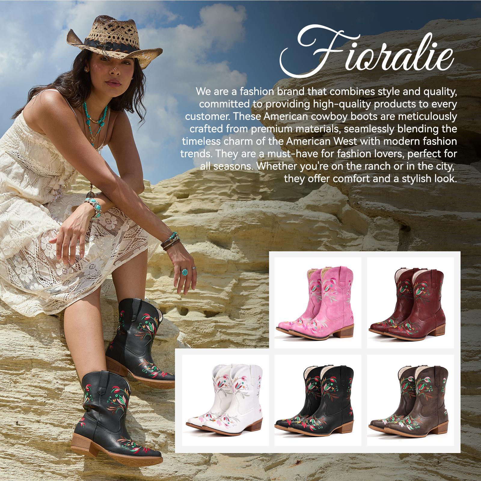 FIORALIE Women's Flower Embroidered Ankle Cowgirl Boots with Almond Pointed Toe Western Cowboy Style Chunky Heel Pull On Short Boots for Comfort and Style