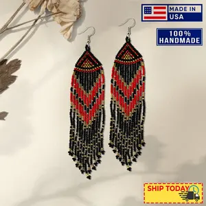 Red Black Long Beaded Handmade Earrings For Women