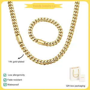 14K Gold Plated Cuban Link Chain & Bracelet Set, Waterproof & Non-Tarnish Miami Hip Hop Jewelry