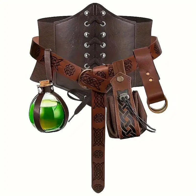 Lady's 5-Piece Renaissance Corset Costume Set - Ornamental Belt, Pouch, Cork Potion Bottle, Waist Guard, Black Accessories for Halloween, LARP Cosplay Fashion Accessories