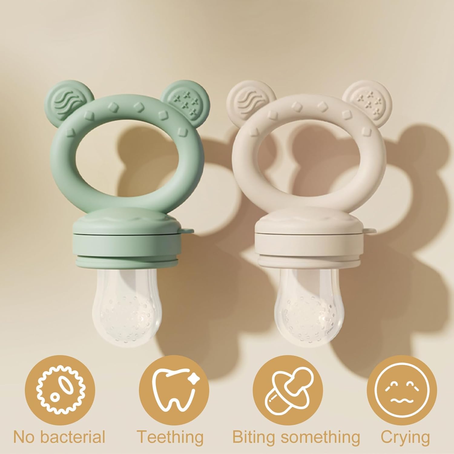 Silicone Baby Fruit Feeder & Breastmilk Popsicle Mold Set (4-Pack) - Freezer Tray, Teething Pacifier Feeder, Teether for Infants - Beige & Green