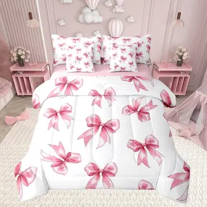Cute Pink Bow Kids Comforter Set,7 Pieces,Dreamy Ribbon Bow Knot Bed Set,Girly Princess Bowknot Bedding Set,(1 Comforter,2 Pillowcase,2 Pillow Covers,1 Flat Sheet,1 Fitted Sheet), Breathable Cloth, Multi-Size
