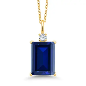Gem Stone King 18K Yellow Gold Plated Silver Blue Created Sapphire Pendant Necklace For Women (10.11 Cttw, Emerald Cut 14X10MM, with 18 Inch Chain)