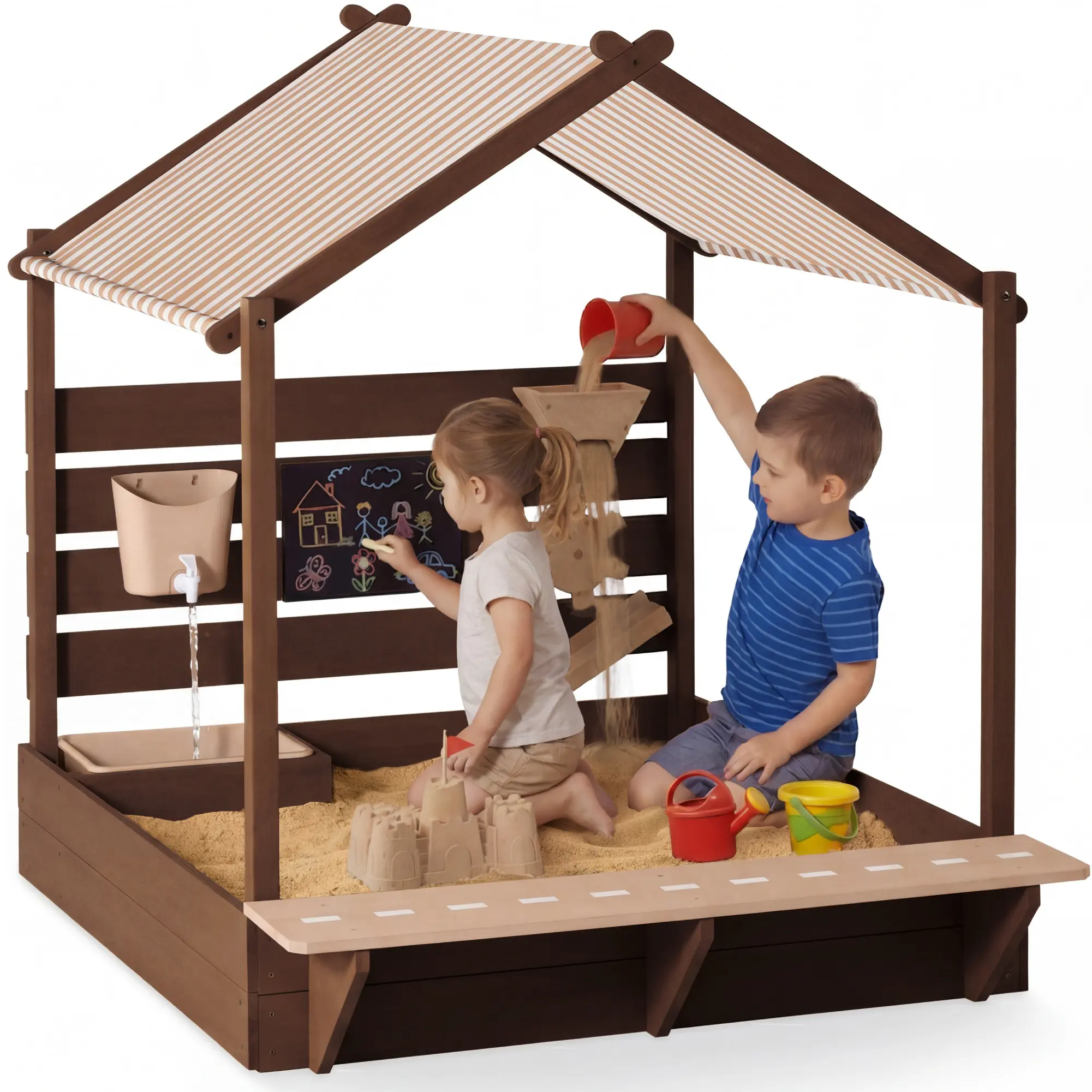 Best Choice Products Deluxe Wooden Sandbox with Canopy, Water Table, Bench Seat, Outdoor Kids Playset