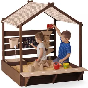 Best Choice Products Deluxe Wooden Sandbox with Canopy, Water Table, Bench Seat, Outdoor Kids Playset