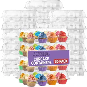 Plastic Cupcake Containers Boxes, 12 Compartment – 20 Pack, Disposable High Dome Dozen Clear Cupcake Holder with Detachable Lid Bulk, Extra Sturdy Stackable Cup Cake Carrier Holders Muffin Boxes