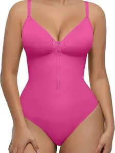 FeelinGirl Women's Basic Sexy Seamless Spandex Shapewear Bodysuit - Peach Heart Collar, Spaghetti Straps, Covered Bust, Thong Design, Smooth Zipper, Breathable Daywear