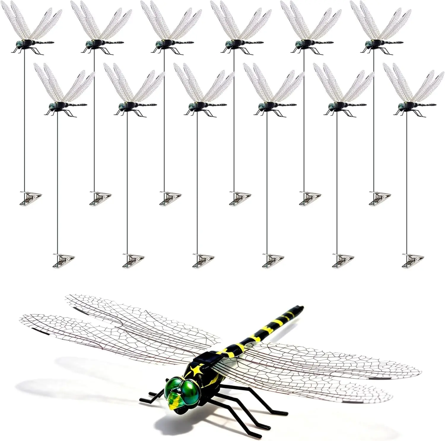 12 Pack 3D Dragonfly Clips, Fake Dragonflies with Stakes, Realistic Plastic Dragonfly Garden Decorations, Fly Deterrent Clips for Hats, Pets, Horses, Deer, Yard, Patio, Indoor & Outdoor Decor