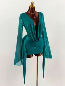 Women’s Earth Tone Bodycon Mini Dress | Draped Neck Bell Sleeve Dress | Romantic Vacation Party Outfit