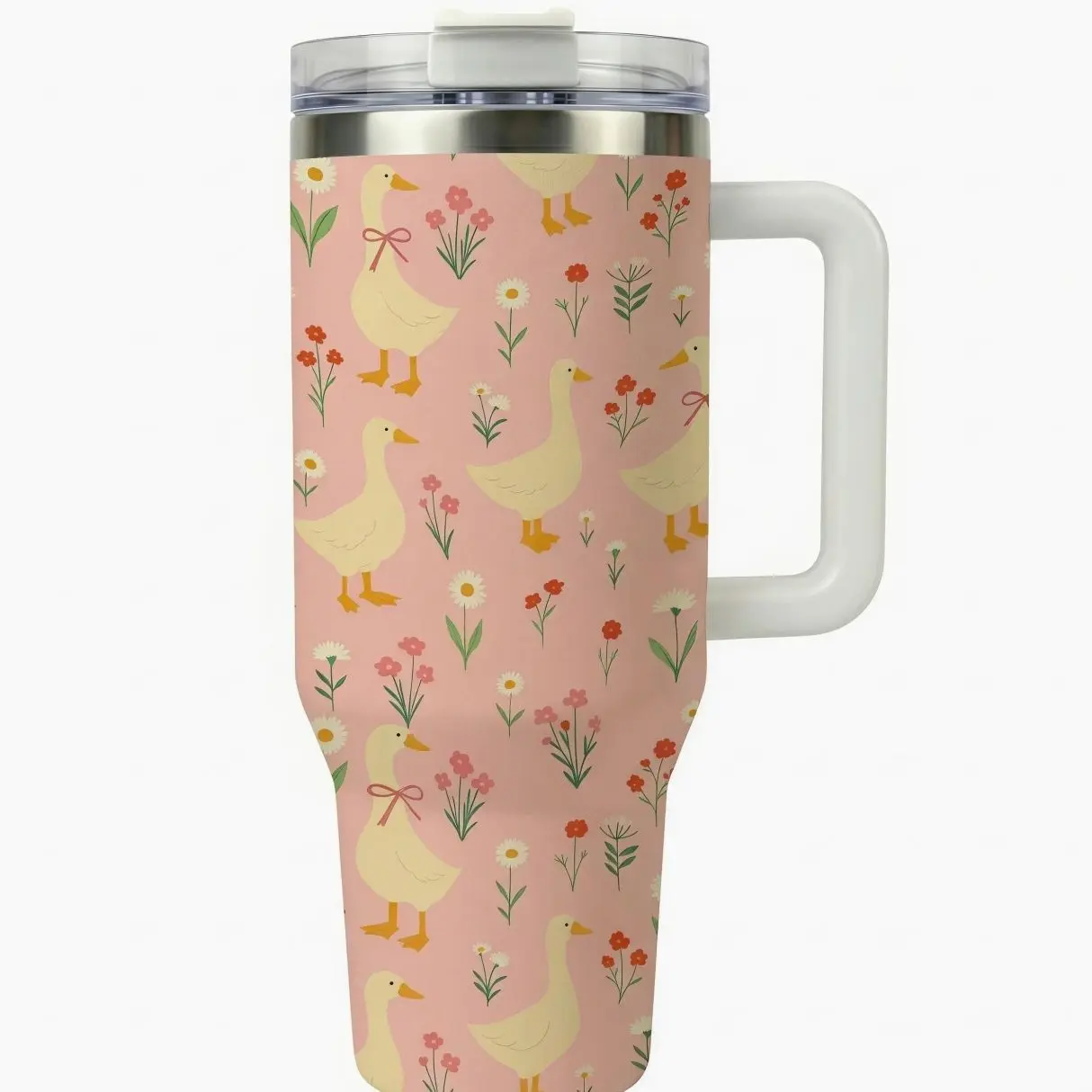 Stainless Steel Vacuum Cup Portable Tumbler - 20oz/30oz/40oz Insulated Tea Mug, Detachable Handle, Leak-Proof Lid, Double Wall Design, 12H Hot/24H Cold Retention, Floral Goose Spring Pattern, Mother's Day Gift for Women