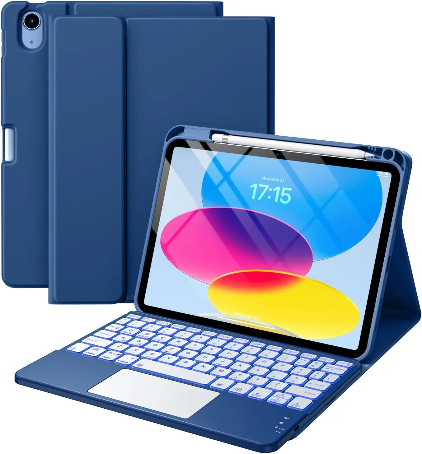Tablet Accessories Folio Cover with Keyboard for iPad 11th/10th Gen (A16), Detachable 7-Color Backlit Keyboard, Multi-Touch Trackpad, Pencil Holder (Navy Blue)