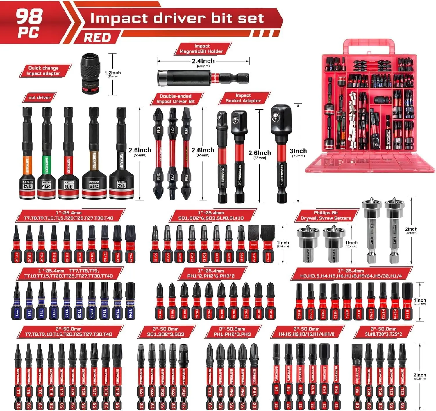 98 count 1/2 Impact Bits Set, S2 Steel (Phillips/Slotted/Square/Torx ...