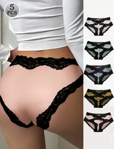 5 Pcs Women Underpants Low-waist AdvancedLight Seamless Floral Lace Trim Silky StretchablePanties Women Honeymoon Wedding NightThong Womenswear Comfort Women's Floral Briefs