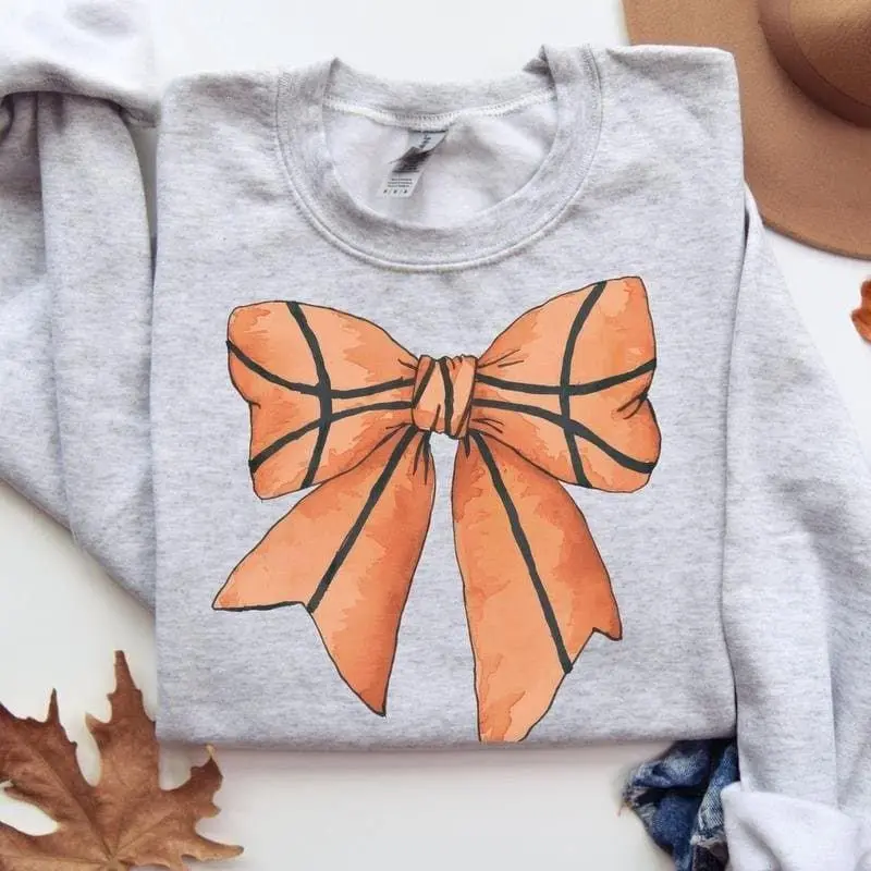 Basketball Bow Sweatshirt, Coquette Basketball Sweater, Cute Basketball Mom Crewneck, Gift for Basketball Lover, Cute Basketball Pullover