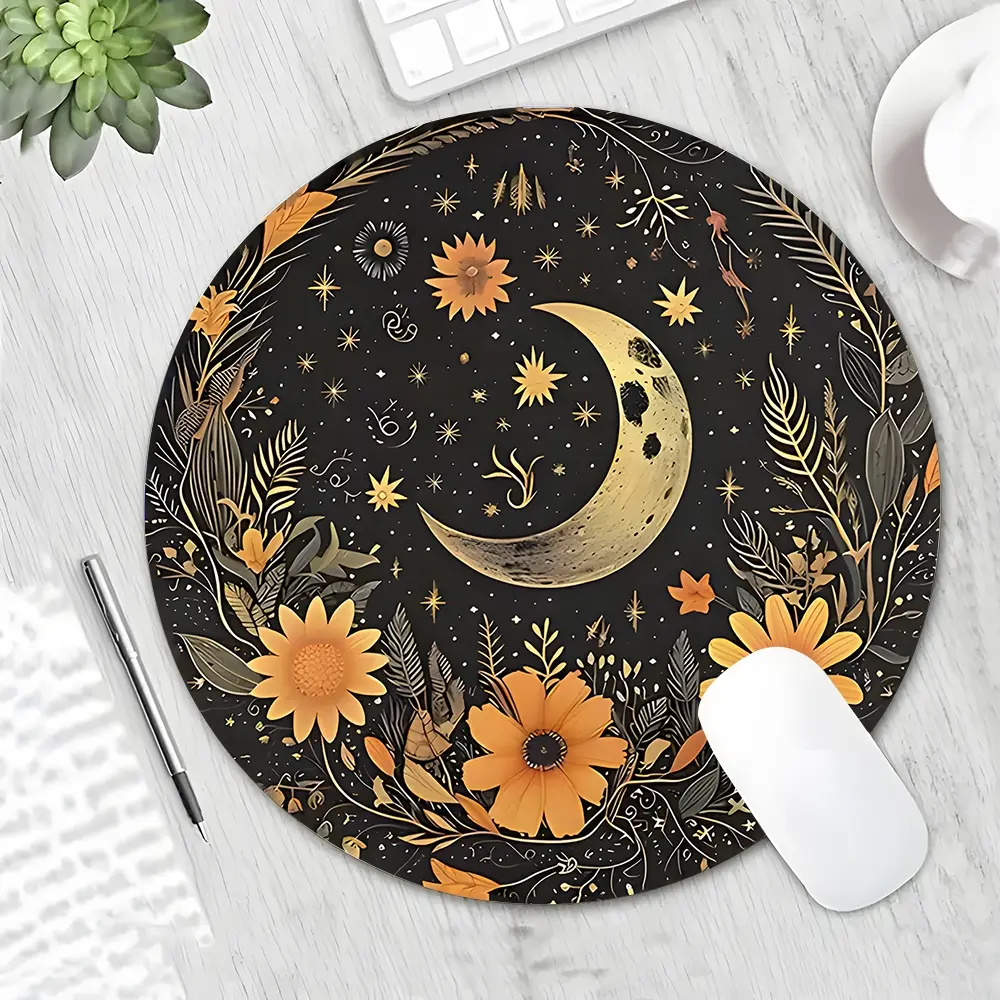 Golden Moon and Flowers Design Round Gaming Mouse Pad, Aesthetic Desktop Decorative Protective Pad, Rubber Anti-slip Lockedge Work Pad, Small Size Suitable for Laptop, Desktop Computer Games, Work, Family