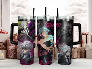 Badass Quanxi Crossbow Devil Hybrid Chainsaw Man 40oz Double Wall Insulated Tumbler - Dark Aesthetic Action Anime Art Stainless Steel Travel Cup with Comfort Handle & Reusable Straw - Keep Drinks Ice Cold