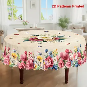 1pc, Spring Summer Themed Party Tablecloth, Colorful Peony Dragonfly Butterfly Printed Design, Rectangular/Round/Oval Table Cloth, Embossed Edge, Kitchen Dining Outdoor Picnics Dinner Decor Ideal, Washable Table Cover, Picnic Table Cover