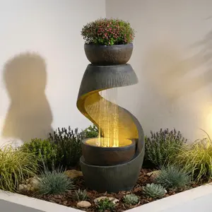Outdoor Water Feature Patio Fountain with LED Lights 31.9 Resin Garden Waterfall Modern S Shaped Bowl Design for Porch Garden Yard Home Decor Grey Flower
