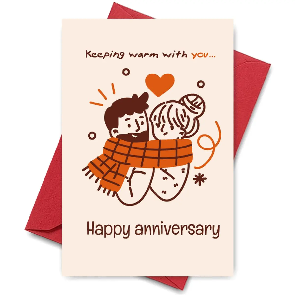 1PC Cute Anniversary Card, "Keeping Warm With You - Happy Anniversary" Couple in Scarf Design, For Romantic Partners, Perfect for Sweet Anniversary Wishes