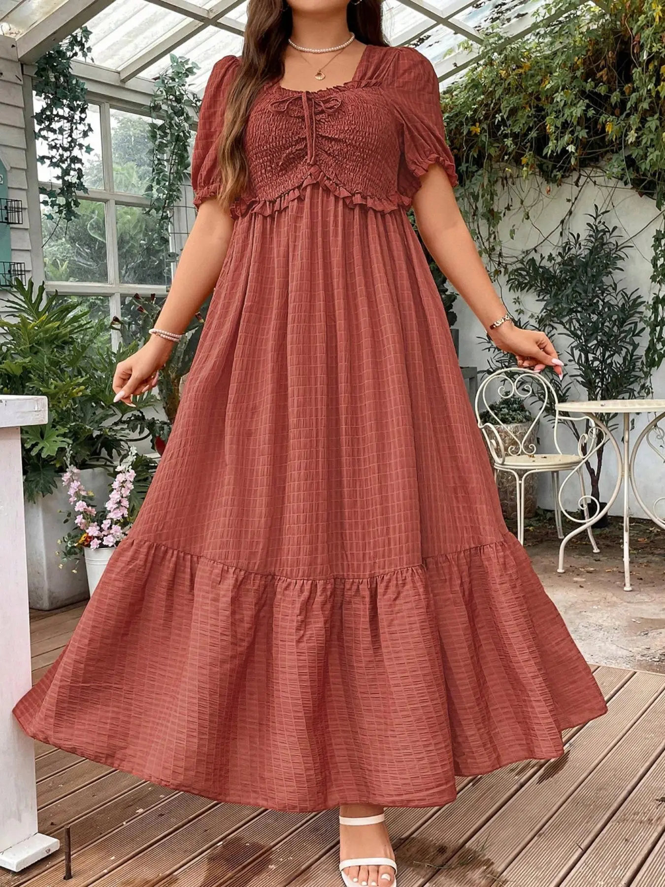 【Plus Size】 Frill Trim Puff Sleeve Shirred A Line Dress, Elegant Short Sleeve Square Neck Dress for Summer, Women's Plus Clothing for Beach Holiday, Womenswear, Casual Wear, Shortsleeve Boho Casual Dress, Boho Style Womenswear