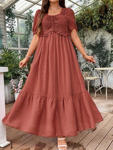 【plus size】 frill trim puff sleeve shirred a line dress, elegant short sleeve square neck dress for summer, women's plus clothing for beach holiday