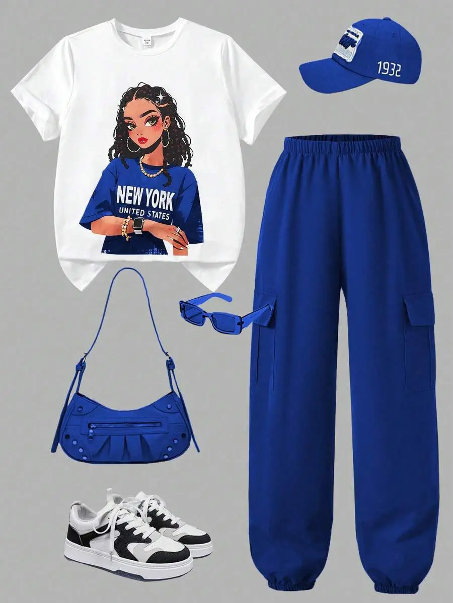 Teen Girls 2pcs/Set Round Neck Character Graphic T-Shirt&Cargo Pants Suit,White,Summer,Streetwear,Graduation,Back-To-School,Loose Fit Short Sleeve
