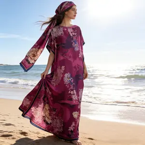 Luxury Geometric Print Kaftan Maxi Dress – Versatile Satin Cover Up, Elegant Evening Gown, Cozy Loungewear & Beachwear, One-Size Loose Fit Fashion Piece with Matching Scarf