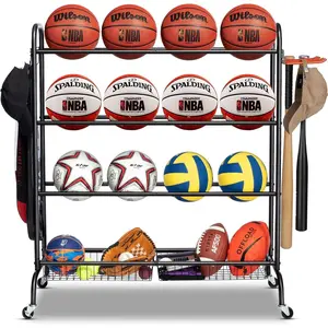 Basketball Rack, Rolling Basketball Shooting Training Stand,Sports Equipment Storage with Wheels, Four-Layer Organizer Holder with Two Basket for Basketballs Footballs Volleyball