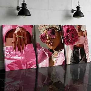 3 Counts Wooden Framed Canvas Painting, Elegant Pink Queen Fashion Art Images, Exquisite Poster, Graphic Prints, Perfect Living Room Decoration, Modern Art, Fashion Family Poster, Wall Art Decoration, Waterproof Art