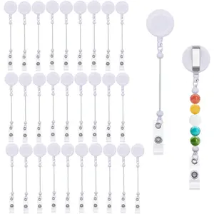 30 count Beadable Badge Reel Retractable, DIY Blank Badge Reel Kit with Bar for Beads Bulk ID Name, Badge Holder Reel with Belt Clip Beadable Items  for Nurse Teacher Office Supplies, White