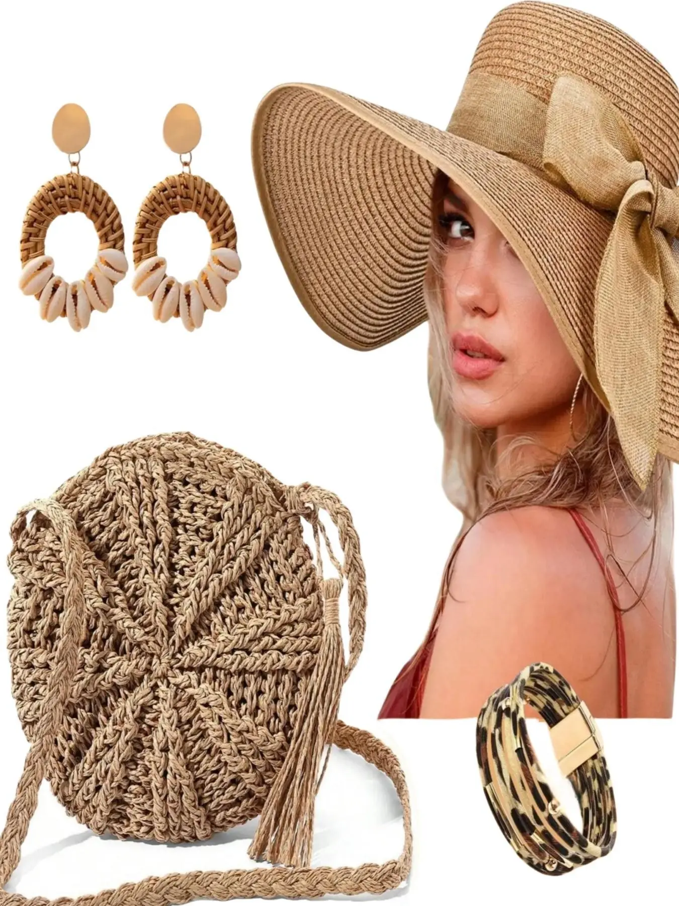 Summer Set of 4 Pieces, Large Beach Straw Hat, Shoulder Crossbody Straw Bag, Woven Circle Earrings, Leopard Print Magnetic Bracelet, Fashion, Complete Accessories Set