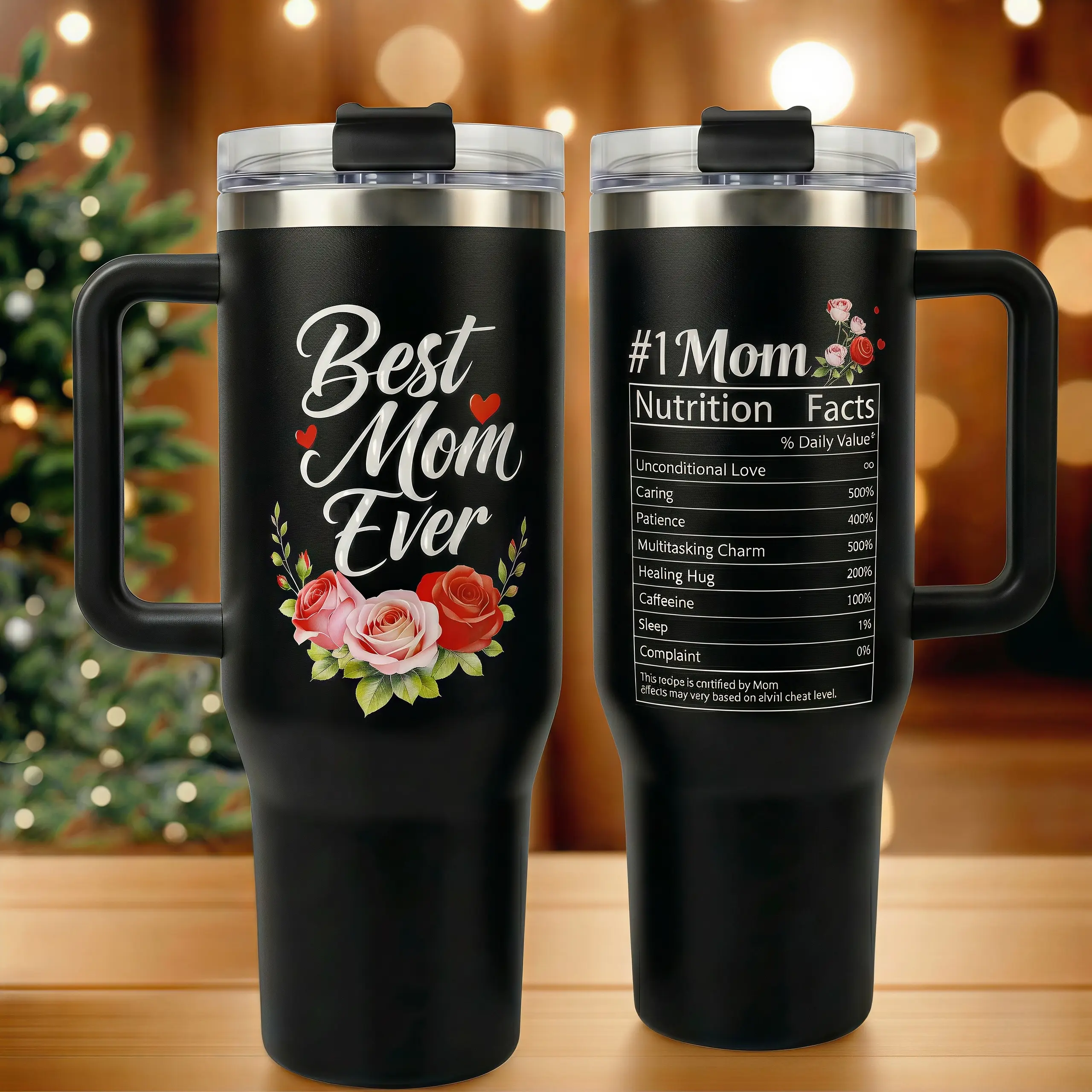 40oz Large Handle Vacuum Insulated Tumbler, Double Sided Printed Cup With "#1 Mom" Nutrition Facts & "Best Mom Ever" Floral Graphics, Unique Mother’s Day & Birthday Gift For Mom Wife, Present From Husband & Son, Fits Most Car Cup Holders
