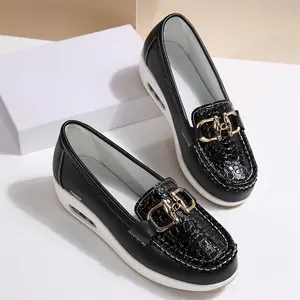 Women’s Platform Loafers Printed Pattern Slip-On Casual Work Shoes with Metal Buckle Indoor Outdoor Shoes