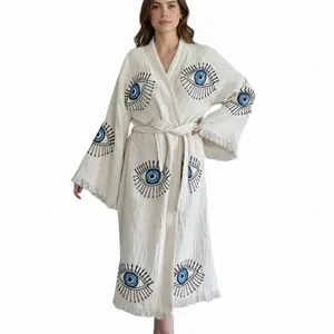 Pinus Women's Eye Kimono Robe with Evil Eye Design 100% Cotton V-Neck Loose Soft Loungewear Nightwear for Valentine's Day Gift - Piece, Vneck Pockets