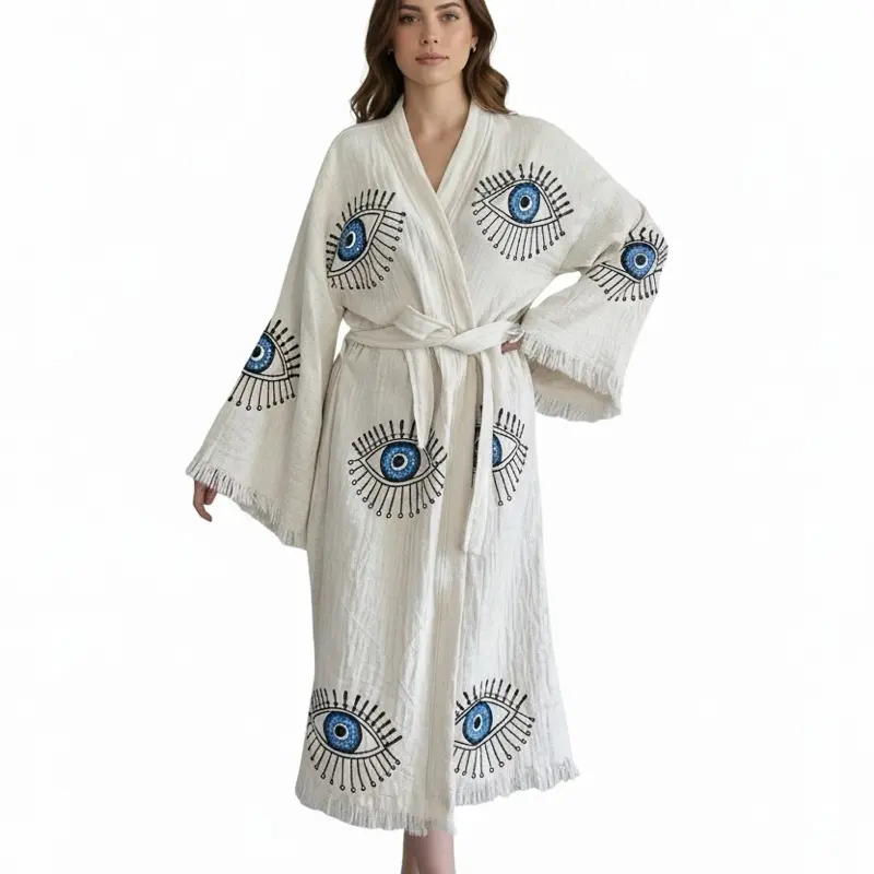 Pinus Women's Casual Long Sleeve Belted Evil Eye Design 100% Cotton V-Neck Loose Elegant Fit Loungewear Nightwear with Pockets - Valentine's Day Gift