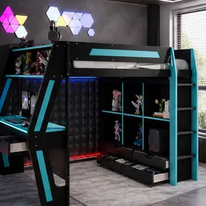 Full Size Gaming Loft Bed with Desk and Storage, Wooden High Bed Frame with Smart RGB LED Lights, USB Ports, 6 Cubbies, 6 Drawers, Safety Staircase, Black+Blue, for Teens Adults Bedroom, Full Size Options, Black+Blue Color Options, 246.92 Lb