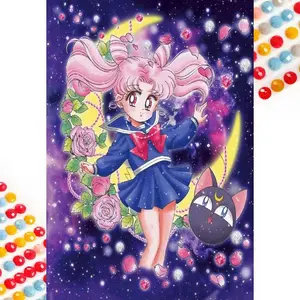 5D DIY Full Drill Round Diamond Painting - Diamond Art Kit Pink Girl, Moon, Cat Mosaic, Canvas - DIY Wall Decor, Home Wall Decoration, Suitable for Halloween and Christmas, Birthday and Anniversary Gifts
