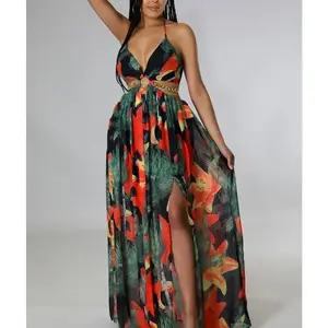 Dark Women's Floral Print Chain Decor Split Thigh Tie Back Cami Dress, Casual Ring Linked Halter Backless Maxi Dress for Beach Holiday Vacation BohoRAIMENTRY