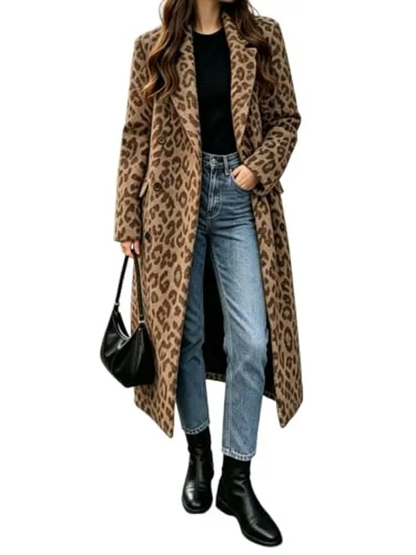 YOEASY Women's Winter Soft Leopard Print Long Wool Blend Double-Breasted Pea Coat - Lady's Trench Overcoat with Notch Lapel, Lined, Pockets, Casual, Lightweight Tops & Dresses Outerwear