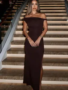 Women's Asymmetrical  Neck Split Hem Dress, Elegant Solid Color Long Dress for Party Wedding Guest, Ladies Summer Clothes Gowns Beautiful Gowns