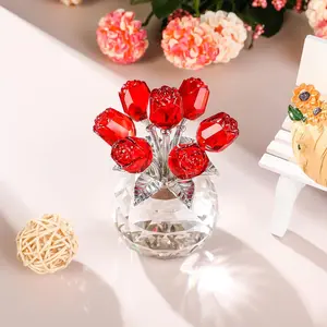 Handmade Crystal Red Rose Flower Figurine With Round Vase, Romantic Gifts for Women on Anniversary Mother's Day Birthday, Collectible Figurines for Home Party Wedding Decorations
