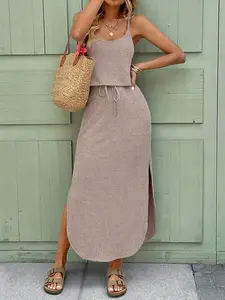 Women's Casual 2-Piece Set, Sleeveless Halter Top and Drawstring Midi Skirt, Slim-Fitting Plain Design, Versatile Everyday