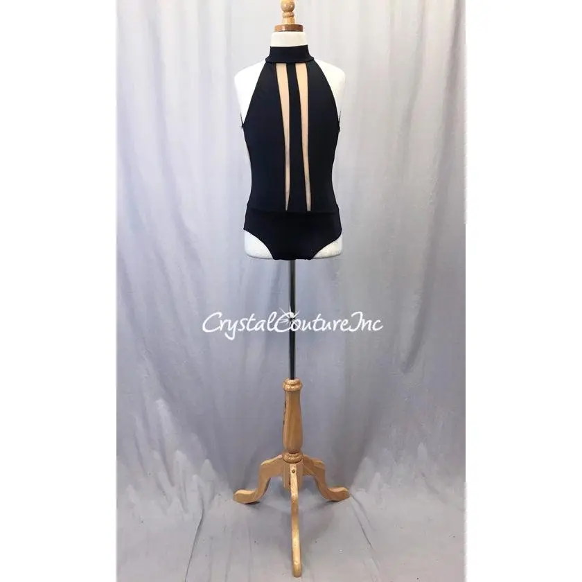 Black Lycra Mock Neck Leotard with Nude Mesh Insets