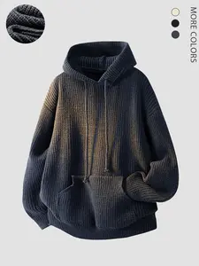 Knit Ribbed Hoodie Long Sleeve Sweater Pullover Drawstring Pocket Kangaroo Style Fitted Casual Fall Winter Unisex Streetwear Warm Essential