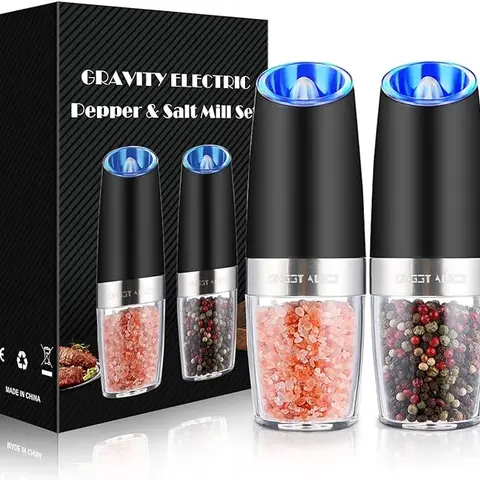 [New Deal] Classic Gravity Electric Salt and Pepper Grinder Set (2-Pack, Black) - Automatic Grinding Saves Prep Time for Cooking, Rechargeable, Cord-Free, Adjustable Roughness, LED Light, Glass Metal Kitchen Seasoning Utensils, 2-Pack for Sharing
