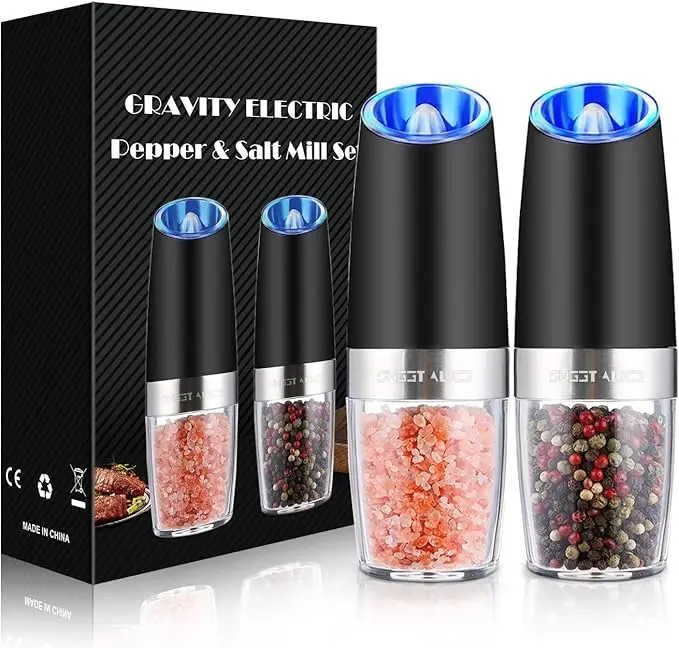 Gravity Electric Salt and Pepper Grinder Set of 2, Adjustable Roughness, LED Light, Battery Powered, Black Color, 2 Pack Kitchen Seasoning Utensils Kitchenware