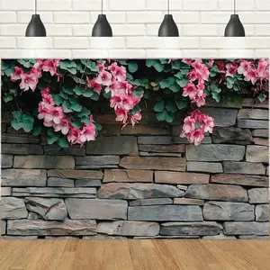 1pc, 2d, 3D Stone Wall Pink Flower Backdrop, Vintage Brick with Hanging Bougainvillea Design, Natural Aesthetic Banner, Perfect for Live Stream, Shop Decoration, Photo Booth Background