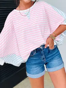 Women's Casual Patchwork Top with Oversized Batwing Sleeves and a Loose Fit for Everyday Style