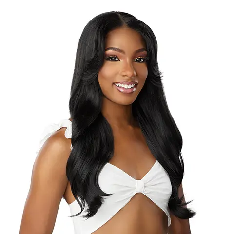 Sensationnel Dashly HD Lace Front Fashion Wig - Heat Resistant Wavy Artificial Hair with Curtain Bangs, Baby Hairs, Center Part, Unit 27 (Lace Wigs Category), Artificial Wig